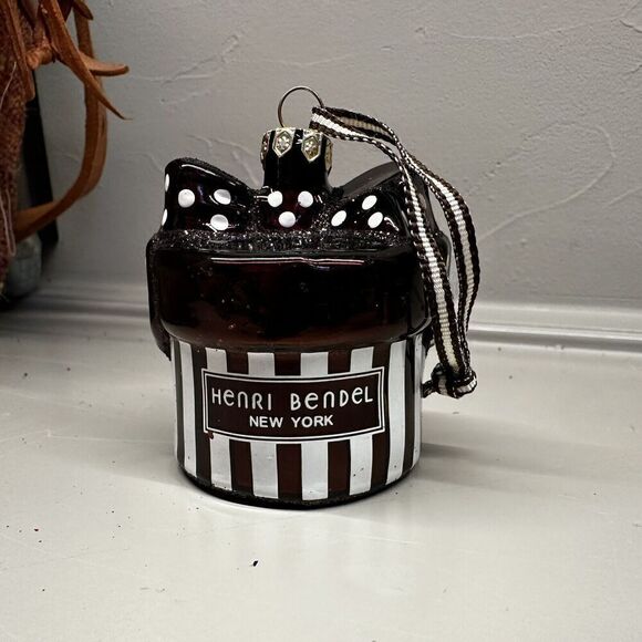 Henri Bendel Centennial Stripe Hat Box Glass Christmas Ornament 2.25